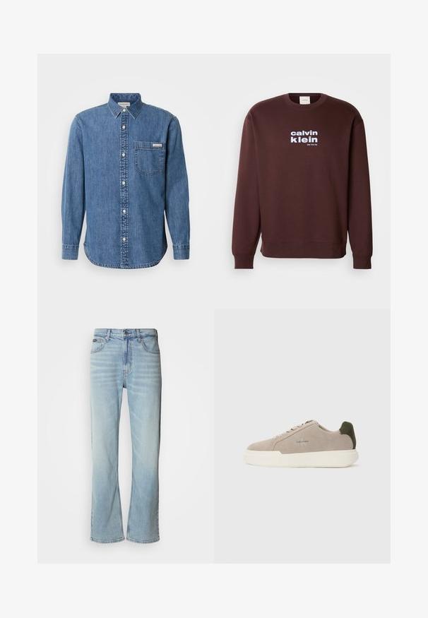 Brauner Rundhalsausschnitt-Pullover aus Baumwolle mit einem weißen Logo "calvin klein" und "New York City", das in fetter Schrift auf der Vorderseite gedruckt ist.; Jeanshemd in Mittelblau mit Button-Down-Kragen, langen Ärmeln, Brusttasche und weißen Knöpfen. Verfügt über einen leicht gebogenen Saum.; Hellblaue Jeans aus Denim mit geradem Bein, ausgestattet mit fünf Taschen, einem Knopfverschluss und subtilen Verwaschungen im Stoff.; Beige Wildledersneaker mit einer weißen Gummisohle, die einen dunkelgrünen Akzent an der Ferse und dezente Markenaufschrift an der Seite aufweisen.