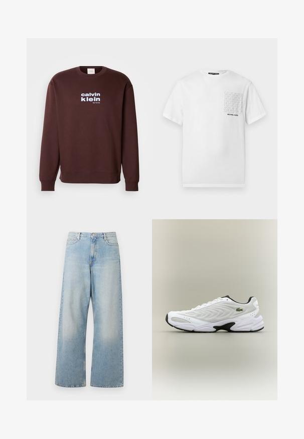 Brauner Rundhalsausschnitt-Pullover aus Baumwolle mit einem weißen Logo "calvin klein" und "New York City", das in fetter Schrift auf der Vorderseite gedruckt ist.; Weißes Baumwoll-T-Shirt mit einer grauen gemusterten Tasche und schwarzem "Michael Kors"-Logo über der Tasche. Kurze Ärmel, Rundhalsausschnitt.; Helle blaue weit geschnittene Jeans aus Denim, mit hoher Taille, Fronttaschen und einem ausgewaschenen Look mit subtilen Abzeichen an den Oberschenkeln.; Weißer Sportschuh mit strukturiertem Mesh-Obermaterial, geschwungenem Design und kontrastierender schwarzer Laufsohle. Mit grünem gesticktem Logo an der Seite.
