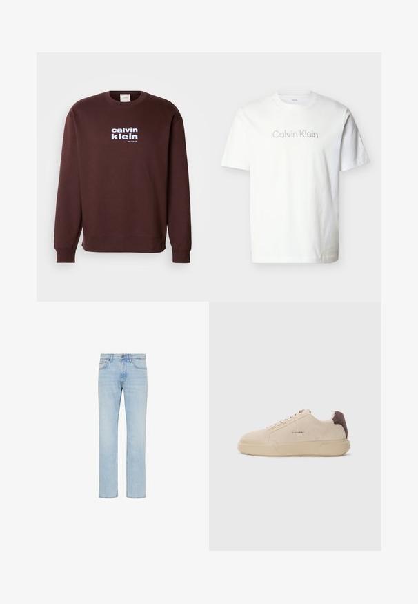 Hnedá mikina s okrúhlym výstrihom vyrobená z bavlny, s bielym logom "calvin klein" a "New York City" vytlačeným na prednej strane tučným písmom.; Biele krátke tričko s krátkymi rukávmi vyrobené z bavlny, s šedým logom "Calvin Klein" cez hruď v minimalistickom písme.; Svetlomodré rifle s rovnými nohavicami, predným gombíkom, zipsom a dizajnom s piatimi vreckami zobrazené na bielom pozadí.; Bežové semišové tenisky s okrúhlou špičkou, šnúrkovým uzatváraním vpredu a hnedým semišovým akcentom na podpätku. Obsahujú štruktúrovanú gumovú podrážku.