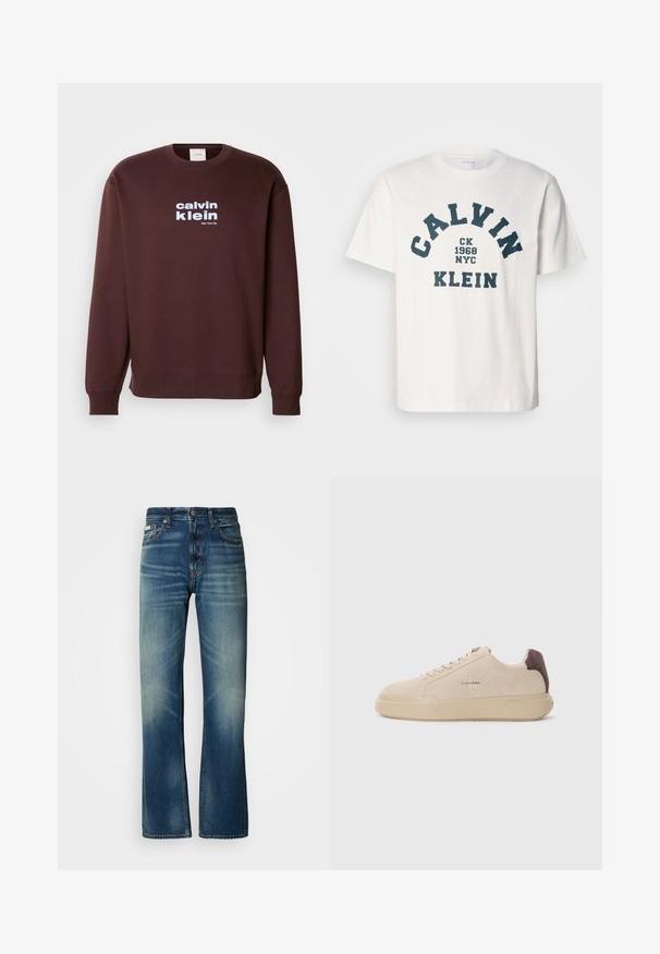 Sudadera marrón de cuello redondo hecha de algodón, con un logotipo blanco "calvin klein" y "New York City" impresos en la parte frontal en letras negritas.; Camiseta de algodón blanca con texto azul marino que dice "CALVIN KLEIN CK 1968 NYC", en una fuente gruesa y arqueada. Cuello redondo clásico.; Jeans de mezclilla azul con un corte recto, lavado medio, detalles deslavados, cinco bolsillos y cierre de botón. Costuras distintivas a lo largo de las costuras.; Zapatilla de ante beige con punta redondeada, cordones en la parte frontal y un acento de ante marrón en el talón. Cuenta con una suela de goma texturizada.
