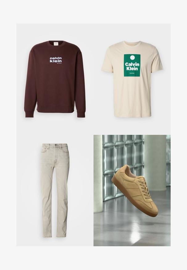 Καφέ μπλούζα τύπου crew neck φτιαγμένη από βαμβάκι, με λευκό λογότυπο "calvin klein" και "New York City" τυπωμένα στο μπροστινό μέρος με έντονα γράμματα.; Μπεζ κοντομάνικο μπλουζάκι με πράσινο ορθογώνιο λογότυπο που περιλαμβάνει έναν λευκό κύκλο και το κείμενο «Calvin Klein» σε έντονα λευκά γράμματα.; Μπεζ τζιν denim με ίσια γραμμή, πεντάτσεπο στυλ και κούμπωμα με κουμπί. Διαθέτει λεπτή υφή και ελάχιστα διακοσμητικά ραφές.; Μπεζ σουέτ αθλητικό παπούτσι με λαστιχένια σόλα, σχέδιο με κορδόνια, αιωρείται σε εσωτερικό χώρο πάνω σε γυαλισμένο τσιμεντένιο πάτωμα κοντά σε τοίχο από γυάλινα τούβλα.