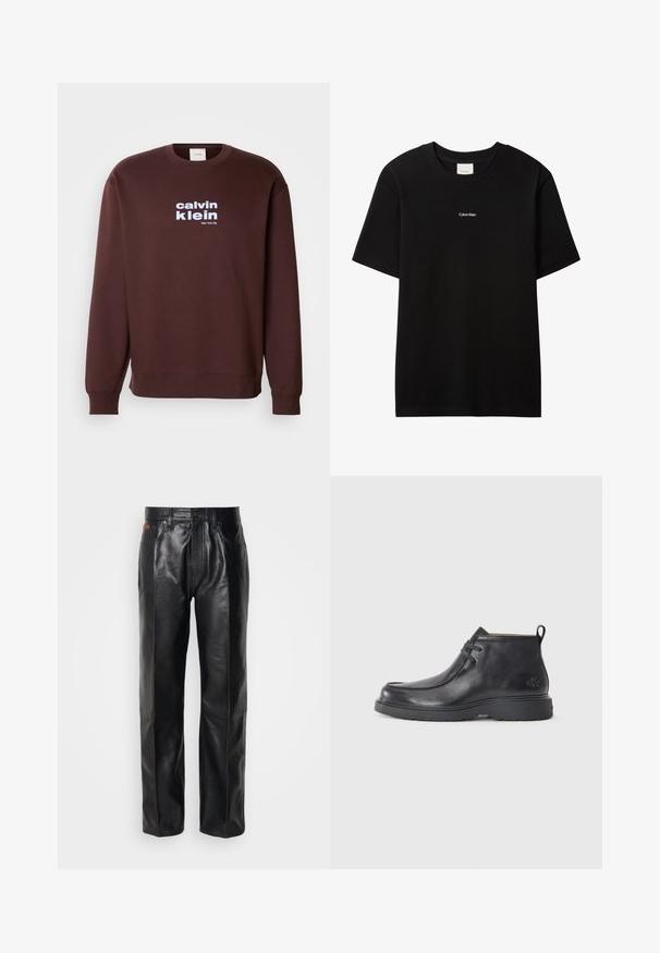 Καφέ μπλούζα τύπου crew neck φτιαγμένη από βαμβάκι, με λευκό λογότυπο "calvin klein" και "New York City" τυπωμένα στο μπροστινό μέρος με έντονα γράμματα.; Μαύρο βαμβακερό μπλουζάκι με στρογγυλή λαιμόκοψη και κοντά μανίκια. Διαθέτει μικρό λευκό λογότυπο "Calvin Klein" στο μπροστινό μέρος. Ομαλή, κλασική εφαρμογή.; Μαύρο δερμάτινο παντελόνι με ίσια γραμμή. Διαθέτει κλείσιμο με κουμπί και μπροστινές τσέπες, με την ανάδειξη λείας υφής και ελάχιστης ραφής.; Μαύρες δερμάτινες μπότες μέχρι τον αστράγαλο με στρογγυλή μύτη, σχέδιο με κορδόνια και λαβή στο πίσω μέρος. Υφή στο πάνω μέρος και ελαστική σόλα.
