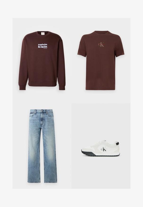 Brauner Rundhalsausschnitt-Pullover aus Baumwolle mit einem weißen Logo "calvin klein" und "New York City", das in fetter Schrift auf der Vorderseite gedruckt ist.; Braunes Baumwoll-T-Shirt mit kurzen Ärmeln, einem Brustlogo in Grau und Rot, rundem Ausschnitt und einem lockeren Schnitt.; Hellblaue Jeans mit geradem Bein, hohem Bund, fünf Taschen, Knopfverschluss und dezentem Verblassen an Oberschenkeln und Knien.; Weiße Calvin Klein Sneaker mit schwarzem Sohle, Wildleder- und Mesh-Einsätzen, CK-Logo an der Seite sowie Calvin Klein-Branding an Ferse und Sohle.
