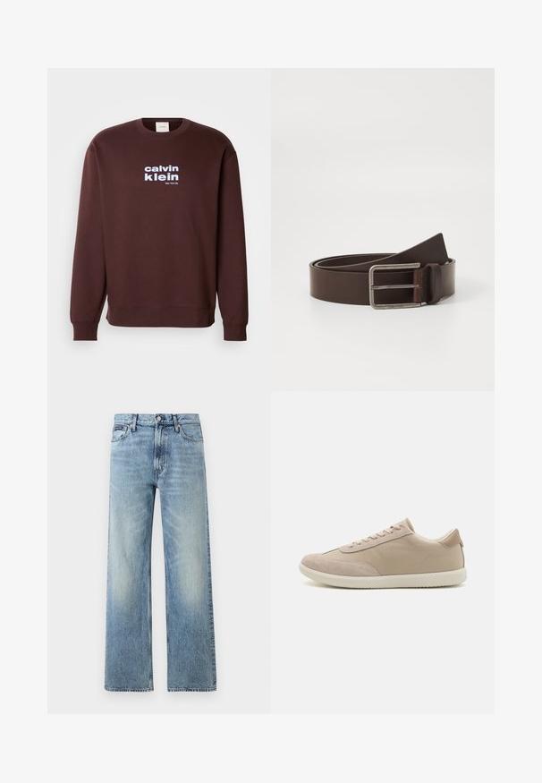 Brun crew neck sweatshirt lavet af bomuld, med et hvidt logo "calvin klein" og "New York City" trykt på forsiden i fede typer.; Lyseblå denim jeans med lige ben, højt talje, fem lommer, knaplukning og diskrete falmede områder på lår og knæ.; Beige sneakers lavet af en blanding af ruskind og lærred, med snørebånd, rund tå, textureret sål og et subtilt brandlogo på siden.; Brun læderbælte med en sølv rektangulær spænde, der har en glat overflade og et minimalistisk design. Calvin Klein mærket er synligt.