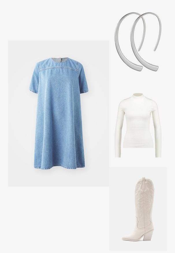 Haut à col roulé long à manches longues en blanc côtelé, au design ajusté et à la texture lisse, avec un col haut et une silhouette élancée.; Robe en denim bleu clair, à manches courtes, décolleté rond, avec une silhouette A-line ample, ornée d'un détail couture sur la poitrine.; Bottine de cowboy en cuir blanc avec un bout pointu et un talon bloc. Présente des motifs de broderie complexes sur la tige et une texture lisse.; Boucles d'oreilles en métal argenté en forme de croissant, avec une surface lisse et brillante. Elles présentent un design minimaliste sans motifs visibles.