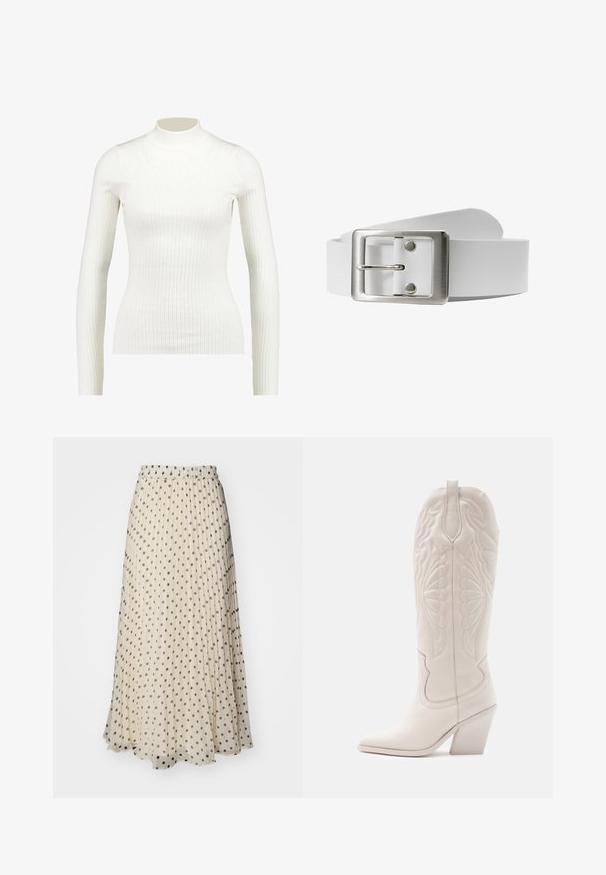 Ribbed white long-sleeve turtleneck top with a fitted design and smooth texture, featuring a high neckline and slim silhouette.; Pleated maxi skirt in cream fabric, featuring evenly spaced dark polka dots. Elastic waistband for comfort and flowy hemline.; White leather cowboy boot with a pointed toe and a blocked heel. Features intricate stitching patterns on the shaft and smooth texture.; White leather belt with a rectangular silver metal buckle and a prong, featuring a smooth texture and a minimalist design.