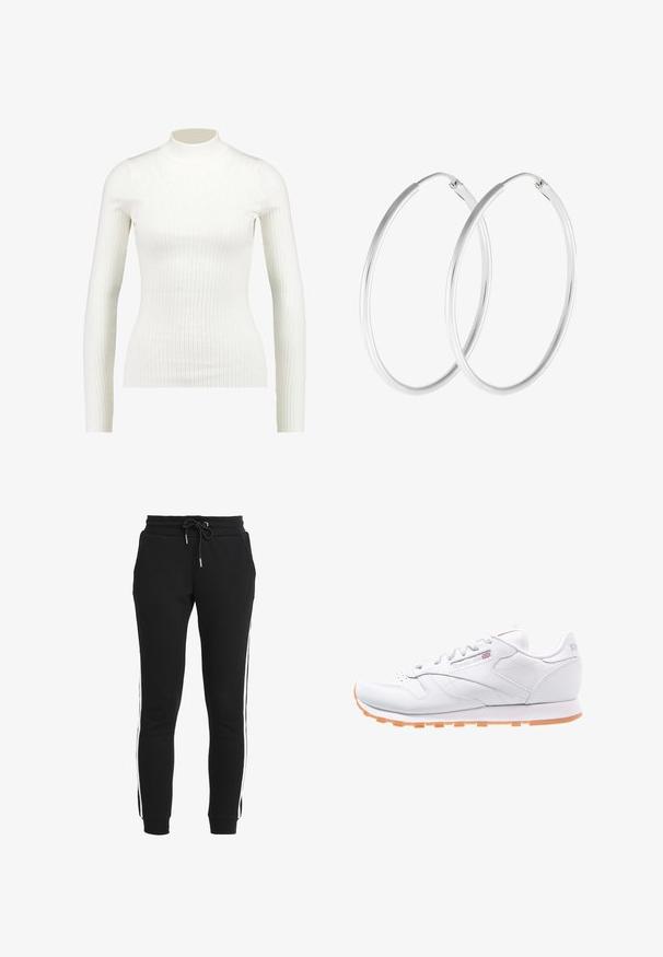Gestreiftes, weißes Langarm-Turtleneck-Oberteil mit tailliertem Design und glatter Textur, das einen hohen Kragen und eine schmale Silhouette aufweist.; Schwarze Jogginghose aus weichem Stoff mit schmalem Schnitt, ausgestattet mit einem Kordelzugbund und weißen Seitenstreifen. Mit Taschen.; Weiße Leder-Laufschuhe mit strukturierter Oberfläche, gummierter oranger Laufsohle und Reebok-Logo an der Seite und auf der Zunge. Standard Schnürverschluss.; Silberfarbene Creolen mit einer glatten, runden Form und einer polierten Oberfläche. Beide Ohrringe haben die gleiche Größe und verfügen über einen sicheren Verschlussmechanismus.