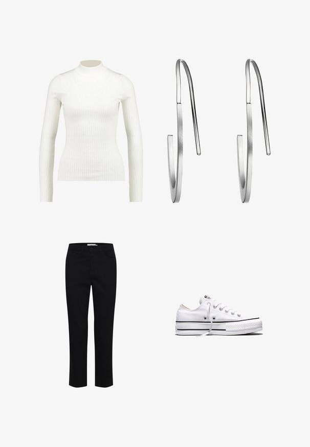 Geribbelde witte lange mouw turtleneck top met een fitted ontwerp en gladde textuur, voorzien van een hoge halslijn en slanke silhouet.; Zwarte katoenen broek, ontworpen met een rechte snit. Beschikt over vijf zakken en een sluiting met een knoop aan de voorkant. Soepele textuur, minimale stikdetails.; Witte lage canvas sneaker met witte veters, zwarte strepen op de zool en een rubberen, getextureerde neuskap, zijaanzicht op een witte achtergrond.; Een paar dunne, zilveren, open hoepel oorbellen met een vlakke, gladde afwerking en een haaksluiting tegen een witte achtergrond.