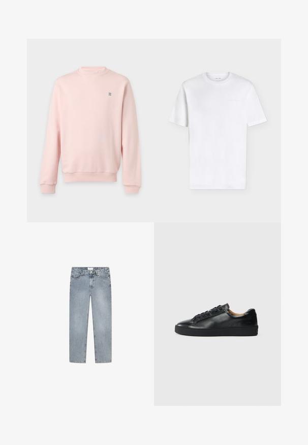 Hellrosa Sweatshirt mit langen Ärmeln, Rippbündchen, Kragen und Saum, mit einer kleinen römischen II auf der linken Brustseite.; Schlichtes weißes T-Shirt mit kurzen Ärmeln und Rundhalsausschnitt, mit einem subtil geprägten Logo auf der oberen linken Brust, auf weißem Hintergrund dargestellt.; Hellblaue Jeans aus Denim mit geradem Schnitt, Fünf-Taschen-Design, Knopfverschluss, dezentem Verblassen und gestickten Details entlang der Taschen.; Schwarze Leder-Sneaker mit glatter Textur, runder Zehenpartie und Schnürverschluss. Verfügt über eine dicke Gummisohle und minimalistische Marken-Details.