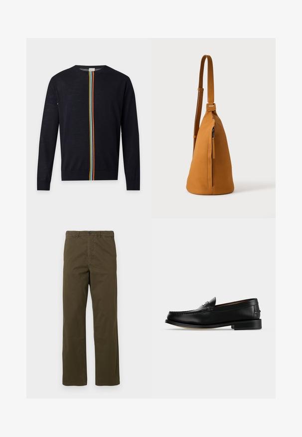 Pull noir à manches longues avec une bande arc-en-ciel verticale qui descend du col à l'ourlet au centre.; Pantalons en coton marron pour hommes, coupe droite, avec passants de ceinture, bouton frontal et fermeture éclair sur fond clair.; Mocassin homme en cuir noir avec un petit talon et une couture de style mocassin sur l'avant, vu de côté sur un fond uni.; Sac besace en cuir couleur fauve avec sangle réglable et poche verticale zippée, présenté de profil sur un fond clair uni.