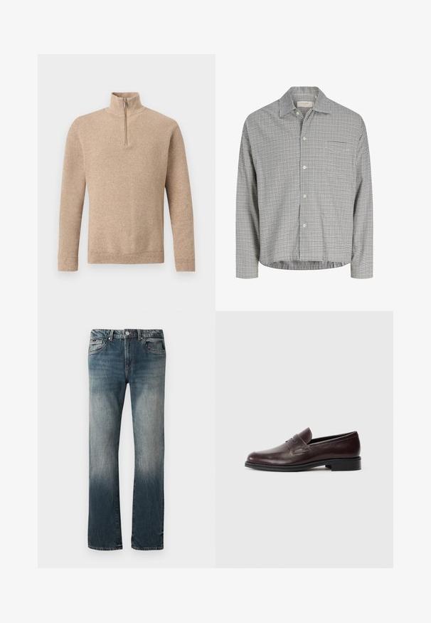 Jersey beige de punto texturizado con mangas largas y una cremallera corta en la parte delantera que se extiende hasta un cuello alzado, mostrado sobre un fondo liso.; Camisa blanca de manga larga abotonada con estampado de cuadros en rejilla negra y cuello puntiagudo, extendida sobre un fondo claro.; Jeans de mezclilla azul de corte recto para hombre con lavado desgastado y diseño de cinco bolsillos sobre un fondo blanco.; Mocasín de cuero marrón con punta redondeada, un montaje cosido y un tacón bajo. Textura suave con un brillo sutil, sin patrones o adornos prominentes.