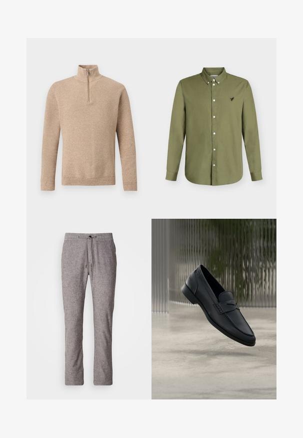 Pull en maille beige texturé avec manches longues et une courte fermeture éclair frontale s'étendant jusqu'au col montant, présenté sur un fond uni.; Chemise vert olive à manches longues, boutonnée, col boutonné et petit logo noir brodé sur la poitrine gauche.; Pantalon gris clair en mélange de lin avec une coupe décontractée, taille élastique et fermeture à cordon. Présente une texture subtile et un design à jambes droites.; Mocassin en cuir noir à finition lisse, bout pointu et détails cousus sur le dessus. Talon bas et design minimaliste.