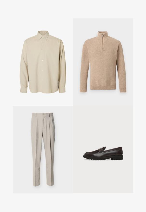 Beige gebreide trui met textuur, lange mouwen en een korte ritssluiting aan de voorkant die doorloopt tot een opstaande kraag, weergegeven op een effen achtergrond.; Beige overhemd met lange mouwen, knopen, puntige kraag en knoopmanchetten, afgebeeld tegen een effen witte achtergrond.; Beige op maat gemaakte herenkleding met voorplooien, riemlussen, een knoopsluiting en een rechte pijp, afgebeeld tegen een witte achtergrond.; Donkerbruine leren en suède penny loafer met een dikke zwarte rubberen zool, zijaanzicht op een witte achtergrond.