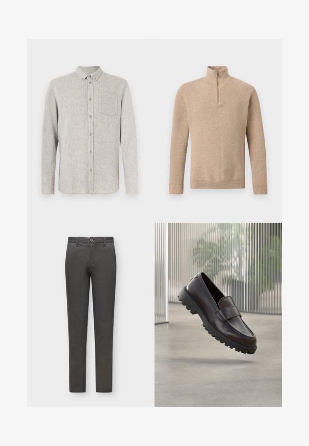 Pull en maille beige texturé avec manches longues et une courte fermeture éclair frontale s'étendant jusqu'au col montant, présenté sur un fond uni.; Chemise gris clair boutonnée en tissu texturé, avec un col, des manches longues et une poche poitrine unique.; Pantalon slim gris foncé avec passants pour ceinture, fermeture par bouton et devant propre, présenté sur un fond clair uni.; Chaussure à enfiler en cuir marron avec un bout rond et une semelle en caoutchouc noire robuste. Présente une bride décorative traversant le coup de pied.