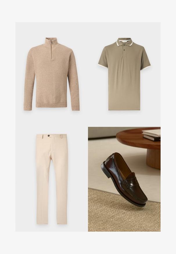Pull en maille beige texturé avec manches longues et une courte fermeture éclair frontale s'étendant jusqu'au col montant, présenté sur un fond uni.; Polo beige à manches courtes avec deux boutons, col rayé blanc et bordures des manches, présenté sur un fond neutre.; Pantalon beige ajusté pour femme avec passants pour ceinture, bouton avant, fermeture éclair, et plis marqués sur les jambes.; Mocassins en cuir marron au fini brillant, avec un détail cousu sur le devant et une semelle en caoutchouc noir à profil bas.