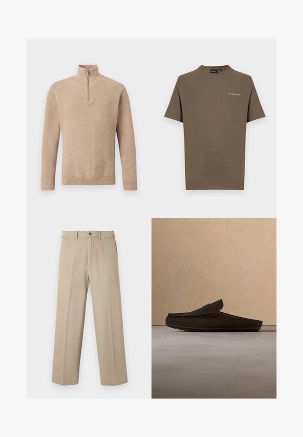 Pull en maille beige texturé avec manches longues et une courte fermeture éclair frontale s'étendant jusqu'au col montant, présenté sur un fond uni.; T-shirt marron en coton avec manches courtes et col rond, arborant un logo blanc sur le côté gauche de la poitrine.; Pantalon beige à jambes droites avec passants pour ceinture, fermeture par bouton et poches avant, présenté sur un fond blanc uni.; Mocassin sans lacets en daim marron foncé flottant au-dessus d'un tapis beige texturé, avec une table basse ronde en bois et des livres empilés en arrière-plan.