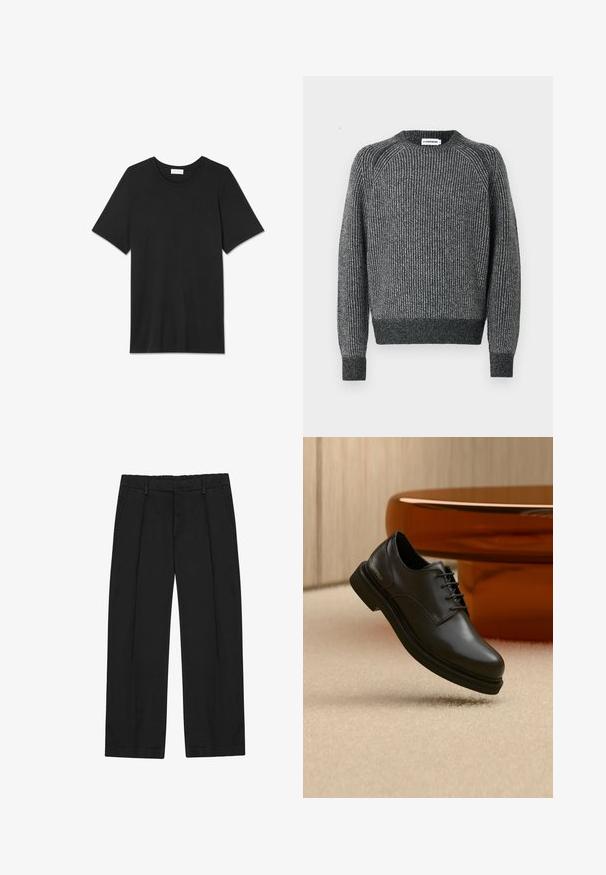 Grauer gerippter Pullover mit Rundhalsausschnitt, langen Ärmeln und fitted Saum. Verfügt über ein strukturiertes Design und Kontrastnähte.; Schwarzes Baumwoll-T-Shirt mit kurzen Ärmeln, rundem Halsausschnitt und glatter Textur. Keine Muster oder Verzierungen. Einfaches und klassisches Design.; Schwarze Hose mit geradem Bein, ausgestattet mit Falten, seitlichen Taschen und einem flachen Bund. Hergestellt aus glattem Stoff mit mattem Finish.; Schwarzer Leder-Schnürschuh, der über einem beigen Teppich schwebt, mit einem glänzenden braunen abgerundeten Objekt im Hintergrund.