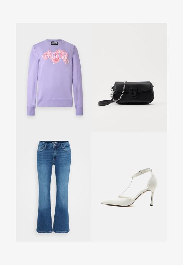 Lyselilla langærmet sweatshirt med ribbet manchetter og kant, med pink og hvid "Versace Jeans Couture" tekst og dekorativ swirl-design på forsiden.; Blå flagrende jeans lavet af denim, med en midt-høj talje, fem lommer og en let falmet finish for et afslappet udseende.; Hvid spids højhælet sko med tynd ankelrem og spænde, glat finish og slank stilethæl på ensfarvet baggrund.; Sort læder crossover taske med sølv kæde og sort rem, frontklap med afrundet rektangulært logo-detalje, på hvid baggrund.