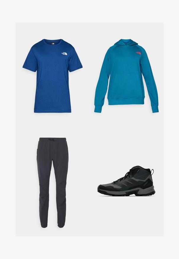 The North Face M RAGLAN BOX NSE - Jersey con capucha - mineral ink/red; Camiseta corta de manga azul hecha de tejido suave, con cuello redondo y un pequeño logotipo blanco en el pecho. Diseño sencillo sin patrones.; Pantalones exteriores ligeros y negros con cintura elástica, cierre de cordón y dos bolsillos laterales con cremallera. Hechos de un tejido transpirable.; Zapato de senderismo de corte alto que presenta una combinación de materiales en negro y gris, parte superior texturizada, suela de goma y soporte reforzado para el tobillo.