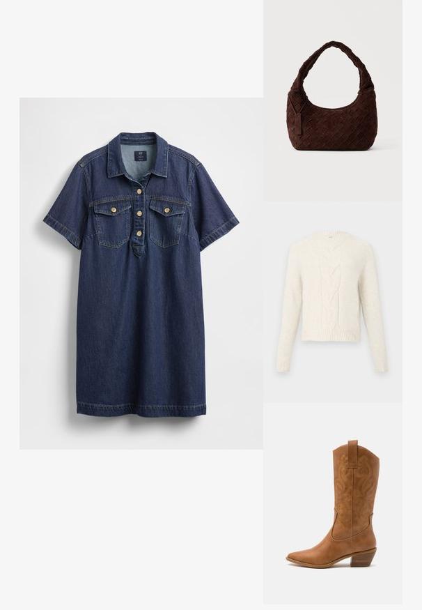 Pull en tricot couleur crème avec manches longues et un motif de côtes vertical central sur le devant, ainsi que des poignets et un ourlet côtelés.; Robe chemise en denim bleu foncé avec manches courtes, deux poches poitrine, patte de boutonnage à cinq boutons et texture subtilement délavée.; Bottes de cow-boy en cuir tan avec un bout pointu, des motifs en spirale brodés sur la tige, et un talon bloc empilé. Équipées d'une languette pour un enfilage facile.; Sac à épaule en cuir tressé marron foncé avec une forme douce et arrondie et une large anse, avec une petite étiquette en cuir attachée.