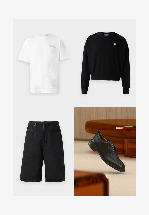 Zwarte cropped sweatshirt met een ronde nek, lange mouwen en een klein geborduurd logo op de borst, gemaakt van een zachte katoenmix.; Witte katoen t-shirt met een ronde hals, korte mouwen en lichtblauwe tekst "THE REGAL" op het linker borstgedeelte.; Zwarte denimshorts met een losse pasvorm, middelhoge taille, vijf zakken en lussen voor een riem. De stof heeft een gladde textuur en subtiele stikseldetails.; Zwarte leren veterschoen in de stijl van een nette schoen met een gestructureerd vooraanzicht, zwevend boven een beige tapijt in een moderne kamer met amberkleurige meubelen.