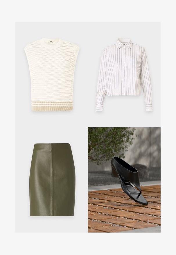 Strikket udenærmet top i creme med et tekstureret mønster. Har en rund halsudskæring og en beige-stribet kant. Let og åndbar design.; Stribet skjorte i hvid med tynde brune striber. Har en spidse krave, lange ærmer og en brystlomme. Croppet længde.; Olivenfarvet læderskort nederdel med en glat tekstur, der har et enkelt design og en central søm, der løber ned ad ryggen.; Sort højhælet sandal med thongsrem, svævende over et mønstret træ- og grusbelagt udendørsareal med sløret grønt område og væg i baggrunden.