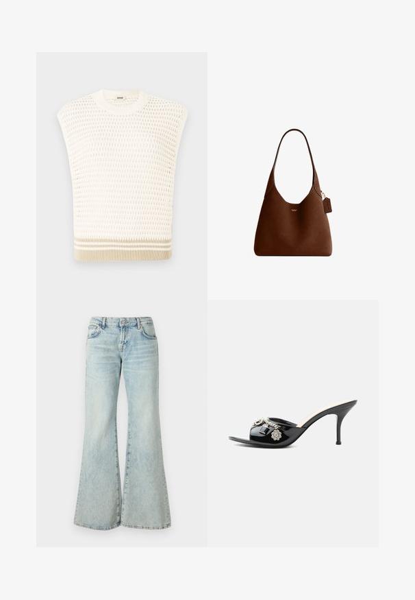 Strikket udenærmet top i creme med et tekstureret mønster. Har en rund halsudskæring og en beige-stribet kant. Let og åndbar design.; Lyseblå flared jeans lavet af denim, med høj talje, lommer og frynset kant. Stoffet har et slidt look og en subtil struktur.; Sort laklæder højt hælet mule med åben tå og dekorative sølvcharme inklusive en blomst og hængelås på frontstroppen.; Brun læder skuldertaske med en enkelt strop, lille gyldent Coach-logo foran og et matchende lædermærke fastgjort til stroppen.