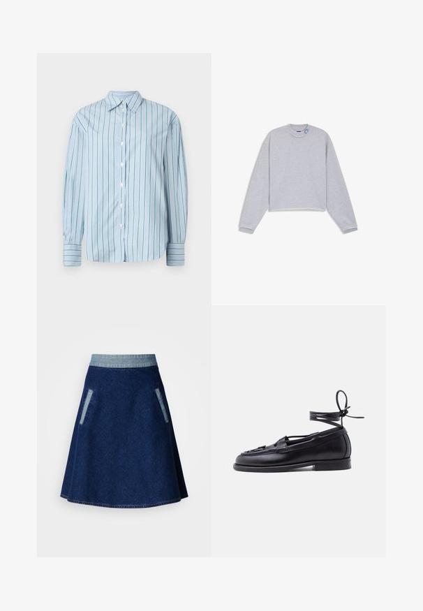 Lichtgrijze cropped sweatshirtt met lange mouwen, geribbelde manchetten, onafgewerkte zoom en een klein blauw geborduurd detail bij de kraag.; Lichtblauw overhemd met lange mouwen, verticale groene strepen, knoopsluiting aan de voorkant en contrasterende gestreepte manchetten. Glad materiaal, klassiek kraagontwerp.; Donkerblauwe denim A-lijn rok met een lichtgekleurde denim tailleband en twee zijzakken. Heeft een gestikte zoom en een gladde textuur.; Zwarte leren loafer met platte zool en enkelriem met veters die in een strik zijn gebonden, weergegeven tegen een effen lichte achtergrond.