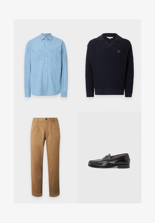 Pull en maille côtelée bleu marine foncé avec un col replié et un petit logo renard brodé sur le côté gauche de la poitrine.; Chemise à manches longues bleu clair avec deux poches frontales et boutons blancs, présentée sur un fond blanc.; Chinos marron à jambes droites, plis à l'avant, deux poches avant et une seule poche arrière. Fabriqués dans un mélange de coton lisse.; Mocassins en cuir noir avec un design de style mocassin, présentant une bande décorative et un détail de couture sur le dessus. Talon bloc bas.