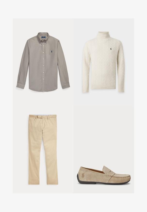 Kremfarvet kabelstrikket rullekravesweater med lange ærmer og lille mørkt broderet logo på venstre bryst.; Lysegrå skjorte med lange ærmer, knapper, krave og blå Polo Ralph Lauren broderet logo på venstre bryst.; Beige bukser med lige ben, bæltestropper og frontlynlås, lagt fladt mod en hvid baggrund.; Beige ruskindsloafers med syninger, flad gummisål og et lille logo på siden. Klassisk slip-on design, blød tekstur.