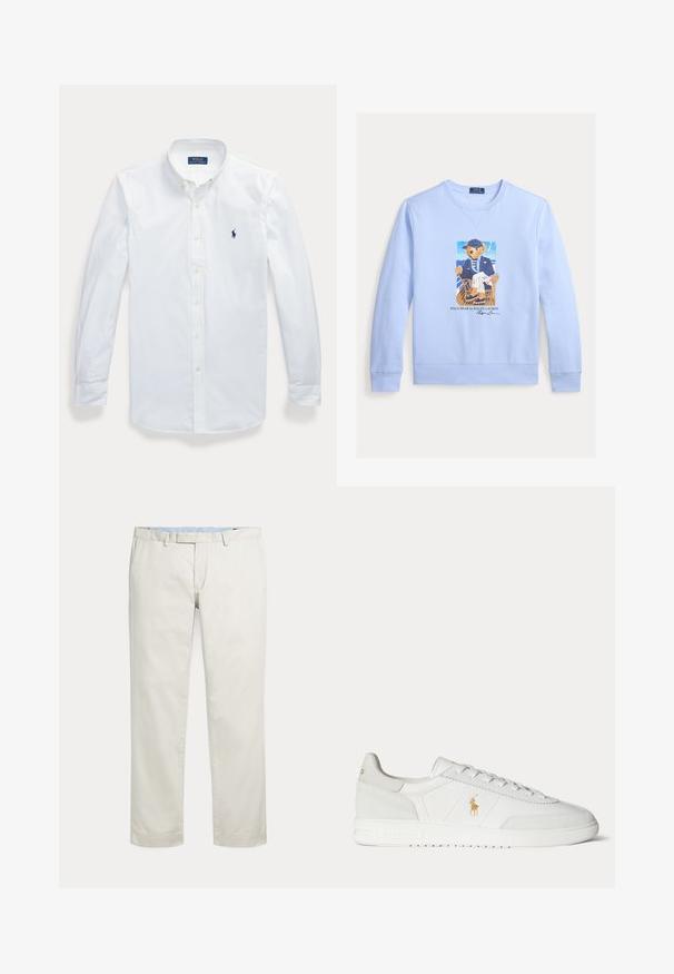 Hellblauer Sweatshirt mit einer Grafik eines in nautischer Kleidung gekleideten Bären, der auf einem Stuhl sitzt, mit dem Text „Polo Bear by Ralph Lauren“ darunter.; Weißes, langärmeliges Hemd mit Knopfleiste und Kragen, Polo Ralph Lauren-Logo auf der linken Brust gestickt.; Cremefarbene gerade geschnittene Hosen mit Gürtelschlaufen und verdecktem vorne liegenden Verschluss auf einfarbigem Hintergrund.; Weißer Sneaker in niedriger Ausführung mit Schnürdesign, goldenem Polo Ralph Lauren Logo an der Seite und strukturierter Sohle auf einfarbigem Hintergrund.