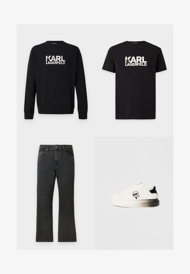 Zwarte trui met ronde hals en lange mouwen, met witte tekst "KARL LAGERFELD" gecentreerd op de borst.; Zwart T-shirt met korte mouwen met witte "KARL LAGERFELD" tekst en een kleine silhouetgrafiek van Karl Lagerfelds profiel op de borst.; Zwarte denim jeans met een rechte pasvorm, met een middelhoge taille, vijf zakken en een knoopsluiting. Subtiele vervaagde textuur overal.; Witte sneaker met een gladleren bovenkant, zwarte accenten op de hiel en een cartoonlogo. Beschikt over een dikke, iets doorzichtige zool.
