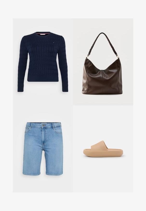 Marineblå strikket sweater med et tekstureret kabelmønster, rund halsudskæring og ribbede manchetter og kant. Har et lille logo på brystet.; Lys blå denim shorts med klassisk pasform, der har en frontknaplukning, bæltestropper og to sidelommer. Glat tekstur og lige kant.; Tan slidesandal med en tykk tekstureret rem og en rund sål. Har en glat overflade og en mønstret underside for bedre greb.; Mørkebrun læder skuldertaske med flettet håndtag og synlige sømdetaljer på forsiden.