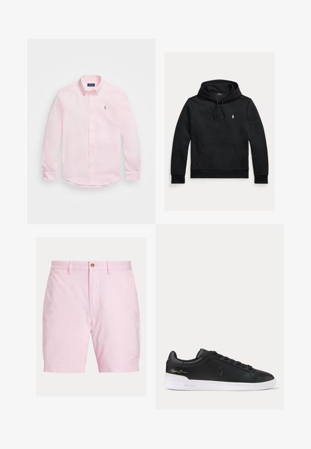 Čierna mikina s dlhým rukávom, predným vreckom, kapucňou so šnúrkou a malým bielym logom Polo Ralph Lauren na ľavej strane hrudníka.; Polo Ralph Lauren KNIT OXFORD SHIRT - Košeľa - carmel pink; Svetloružové bavlnené šortky po kolená s pútkami na opasok, predným gombíkom a zapínaním na zips.; Čierne nízke kožené tenisky s čiernymi šnúrkami, bielou podrážkou s vyrazeným Polo a zlatým podpisom Ralph Lauren na päte.