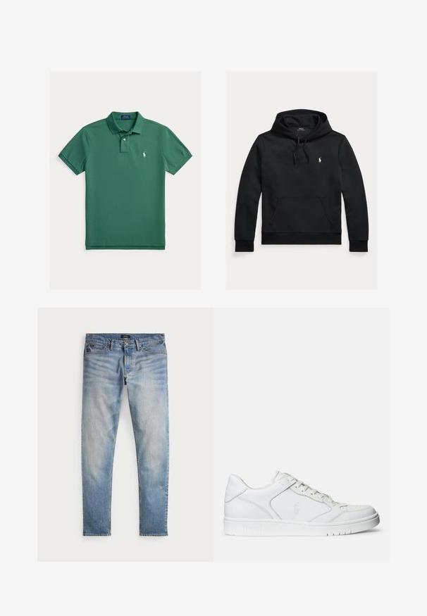 Čierna mikina s dlhým rukávom, predným vreckom, kapucňou so šnúrkou a malým bielym logom Polo Ralph Lauren na ľavej strane hrudníka.; Zelené polokošeľa z bavlny, s klasickým golierom, dvoma gombíkmi, krátkymi rukávmi a malým bielym logom na ľavej strane hrudníka.; Svetlomodré denimové nohavice s bledým povrchom, dizajnom na päť vreciek a kontrastným prešívaním. Obsahujú zips a pútka na opasok. Rovný strih.; Biele kožené tenisky s hladkým povrchom, obsahujúce perforovanú špičku, šnúrkové uzatvorenie a vyšívané logo na boku. Biela gumová podrážka.