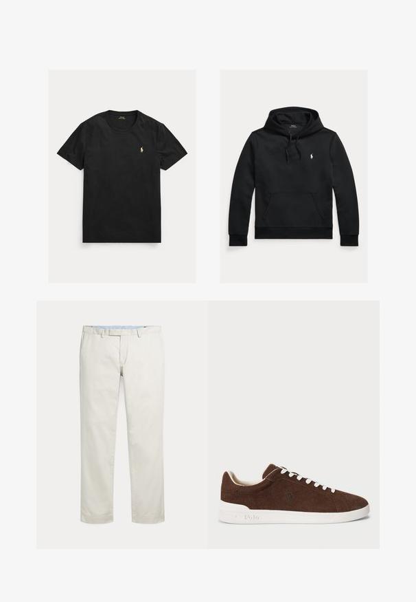 Čierna mikina s dlhým rukávom, predným vreckom, kapucňou so šnúrkou a malým bielym logom Polo Ralph Lauren na ľavej strane hrudníka.; Čierne tričko s krátkym rukávom a okrúhlym výstrihom s malým žltým logom Polo Ralph Lauren na ľavej strane hrudníka.; Krémové nohavice s rovnými nohavicami, s pútkami na opasok a skrytým predným zapínaním na jednoduchom pozadí.; Hnedé semišové nízke tenisky s bielou gumovou podrážkou, bielymi šnúrkami a vyšitou logom Polo na boku.