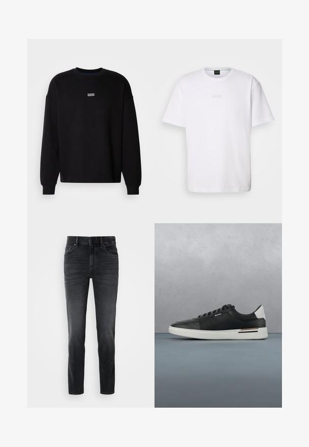 Zwarte sweatshirt gemaakt van katoen. Heeft een ronde hals en lange mouwen. Bevat een klein wit logo-label met "HUGO" op de borst.; Witte katoenen T-shirt met korte mouwen, ronde halslijn en reliëf 'BOSS' logo op de borst. Veilig textuur, standaard pasvorm.; Zwarte denim jeans met een slim fit, voorzien van een middelhoge taille, klassiek vijf-pocket ontwerp en subtiele vervaging op de benen.; Zwarte leren sneaker met witte zool, voorzien van perforaties, vetersluiting, logo aan de zijkant en contrasterend hieldetail in wit en bruin.