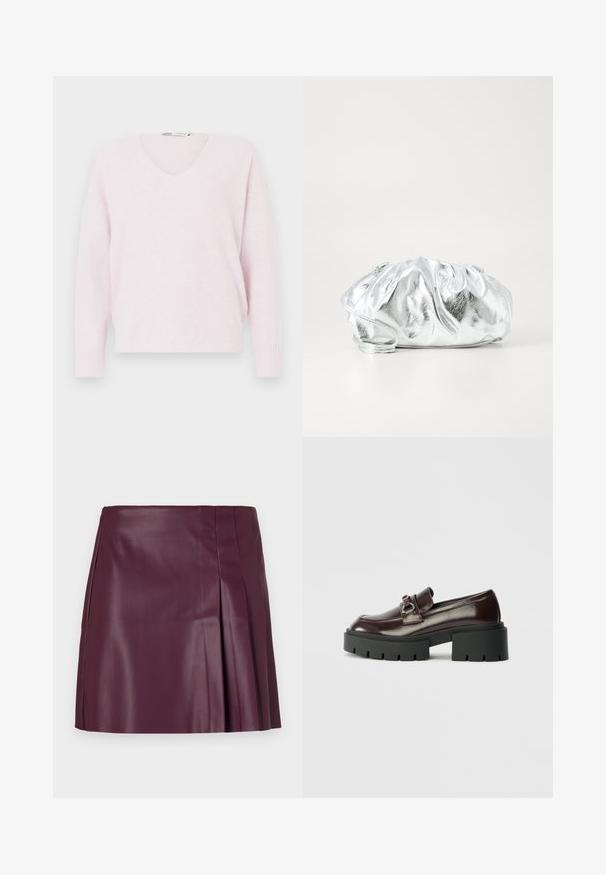 Lyserød v-hals sweater lavet af blødt stof, med lange ærmer og ribbede manchetter, i en afslappet og løs pasform.; ONLY ONLARTZY Short - Mini skirts - mauve wine; Burgunderfarvede patenterede læderslippers med en kraftig sort platformsål, udstyret med en dekorativ sølvspænde detalje på overfladen.; Metallisk sølv clutch taske med en blød, samlet krop og en tynd skulderrem. Har en glat, skinnende overflade og rund form.