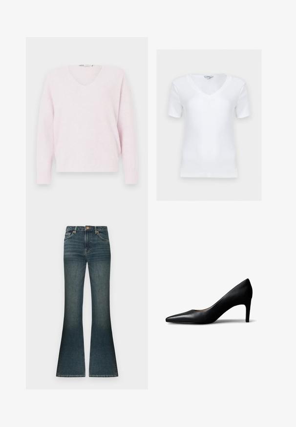 Pull-over en V rose clair en tissu doux, doté de manches longues et de poignets côtelés, avec une coupe décontractée et ample.; Haut blanc à manches courtes côtelé avec col en V et coupe ajustée, présenté à plat sur un fond clair.; Jean flare en denim bleu foncé avec un léger décoloré subtil, taille standard et un design classique à cinq poches. Accents en métal cuivré.; Escarpin pour femme en cuir noir à bout pointu avec talon moyen, présenté de profil sur un fond blanc.