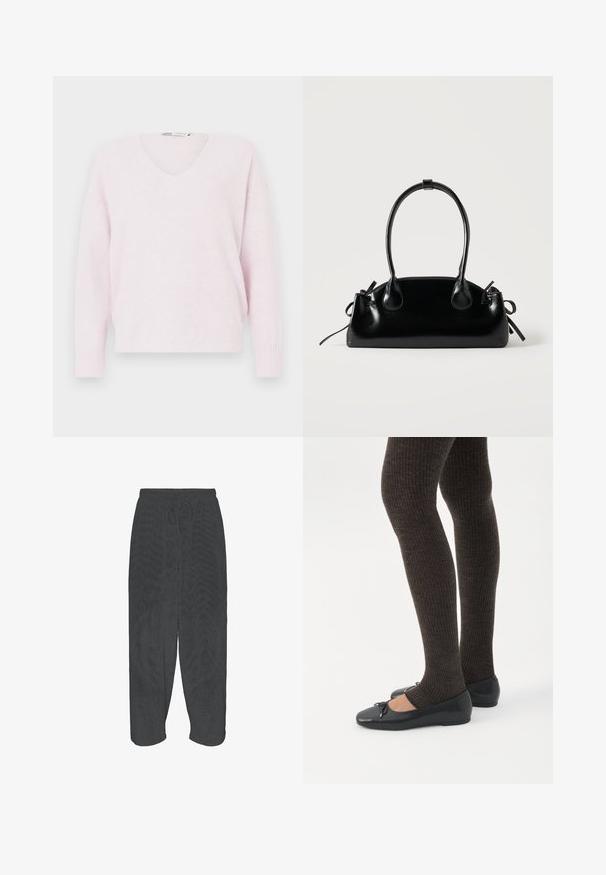 Pull-over en V rose clair en tissu doux, doté de manches longues et de poignets côtelés, avec une coupe décontractée et ample.; Pantalon noir coupe ample avec ceinture élastique et cordon, présenté à plat sur fond blanc.; Jambes portant des leggings côtelés foncés associés à des ballerines noires avec de petits détails en nœud sur fond blanc.; Petit sac à main noir brillant avec deux longues anses et des détails à cordon sur les côtés sur un fond clair uni.