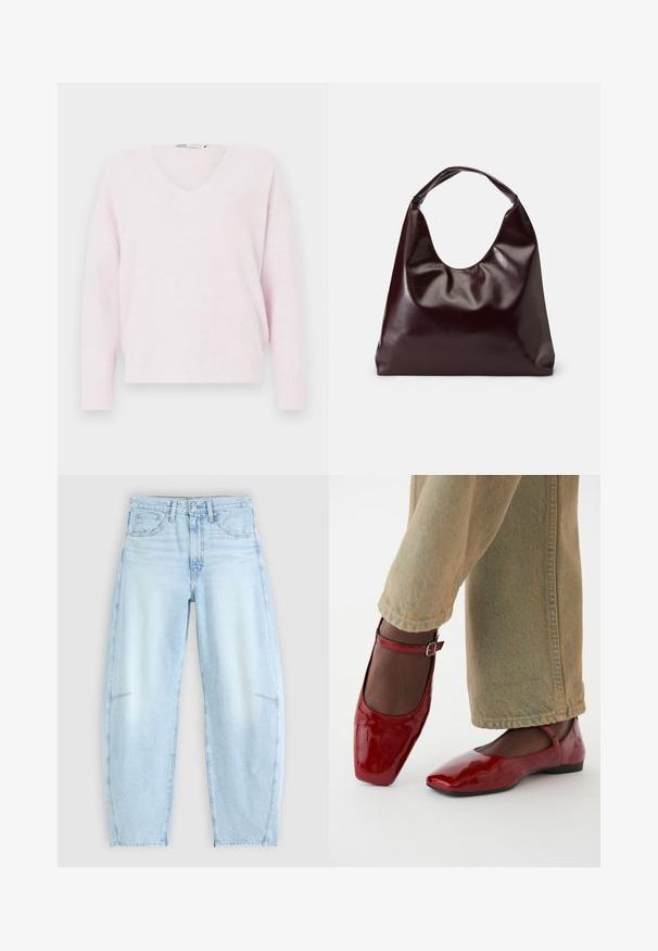 Helles rosa V-Ausschnitt-Pullover aus weichem Material, mit langen Ärmeln und gerippten Bündchen, in einer entspannten und lockeren Passform.; Hellblaue Denim-Jeans mit relaxed Fit, hoher Taille, Fünf-Taschen-Design und subtilen Ausbleichungen sowie ausgefransten Saumdetails.; Rote Lacklederschuhe mit quadrater Zehenform, niedrigem Absatz und Knöchelriemen, kombiniert mit hellgrünen weiten Jeans. Glatte Textur, reflektierende Oberfläche.; Burgunderfarbene, glänzende tote Bag aus veganem Leder mit einer weichen, skulpturalen Form und einem breiten, geschwungenen Henkel für einfaches Tragen.