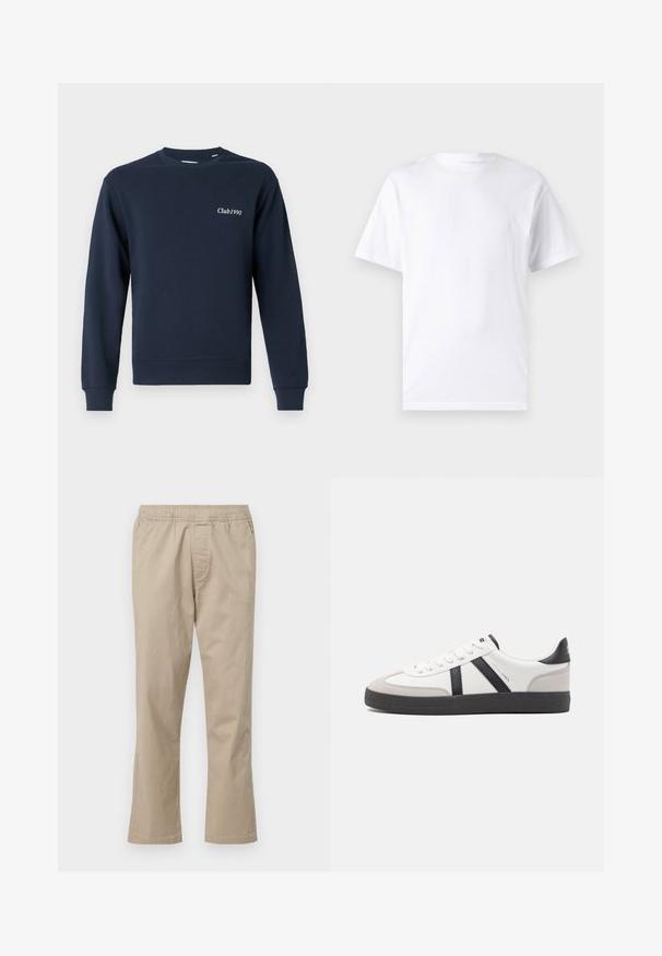 Marineblå sweatshirt med rund hals, lange ærmer, ribbede manchetter og kant. Har "Club1990" broderet på venstre bryst. Blød stofstruktur.; Hvid kortærmet t-shirt lavet af bomuld med rund hals, der har en glat tekstur og et simpelt design uden mønstre eller accenter.; Beige bomuldsbukser med elastisk talje, lige ben-design og sidelommer, med en glat tekstur og uden mønstre.; Hvide sneakers med sorte og grå detaljer, med en tekstureret grå tåhætte, sort gummisål og flade hvide snørebånd. Rent design, minimalistisk stil.