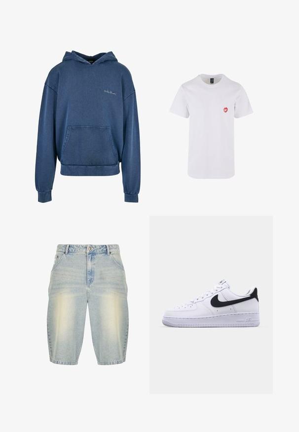 Denim sinine kapuutsiga sviiter taga tasku, reguleeritava kapuutsiga ja ribakäistega. Katile on kinnitatud lihtne tikand rinnal. Klassikaline ülepea disain.; Valge lühikeste varrukatega t-särk, millel on puuvillasest kangast valmistatud ja vasakul rinnal väike punane graafiline trükk. Klassikaline ümar kaelus, nähtavaid mustreid pole.; Heledad sinine denim lühikesed püksid pleekinud pesuga, klassikalise viie taskuga disain, vööaasad ja sirge lõige.; Valge nahast toss musta tekstuuriga Swooshiga, lamedate nööridega ja kummist tallaga, millel on sooneline muster. "AIR" on reljeefne kandadel.