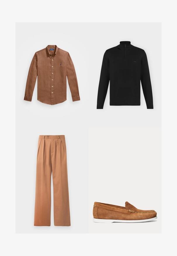 Sort langærmet pullover med høj krave og halvt lynlås, ribbet manchetter og kant, med lille "BOSS" logo på venstre bryst.; Brun langærmet skjorte med knapper lavet af linned, med klassisk krave, frontknapper og et lille blåt logo på brystet.; Tan brede bukser med flad front, folder og en enkelt knaplukning i taljen. Glat tekstur og fuldlængde design.; Brun ruskindslipper med hvid sål og beige syninger langs tåen og øverste kant vist i sideprofil på ensartet baggrund.