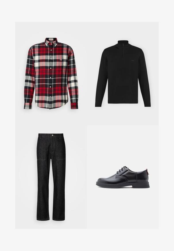 Pull noir à manches longues avec col montant et demi-zip, poignets et ourlet côtelés, avec petit logo "BOSS" sur la poitrine gauche.; Chemise à manches longues à carreaux rouges, noirs, gris et blancs, avec un col boutonné et une poche poitrine.; Pantalons en denim noir avec une coupe droite, des coutures visibles et une fermeture à bouton sur le devant. Comprend deux poches latérales et deux poches arrière.; Chaussures en cuir noir à lacets avec une texture lisse, un bout arrondi et des détails de couture discrets. Présentent une languette rouge à l'arrière.
