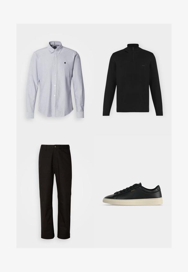 Schwarzer Langarm-Pullover mit hohem Kragen und halbem Reißverschluss, gerippte Bündchen und Saum, mit kleinem "BOSS"-Logo auf der linken Brust.; Himmelblaues Button-Up-Hemd mit langen Ärmeln, aus einem strukturierten Stoff gefertigt. Verfügt über ein kleines Logo auf der linken Brust und Standardmanschetten.; Schwarze Baumwollhosen mit geradem Schnitt, Gürtelschlaufen, einem Reißverschluss vorne und einem einzelnen Knopfverschluss. Glatte Textur ohne sichtbare Muster.; Schwarzer flacher Ledersneaker mit weißer Sohle, schwarzen Schnürsenkeln und kleinem goldfarbenem BOSS-Logo an der Seite.