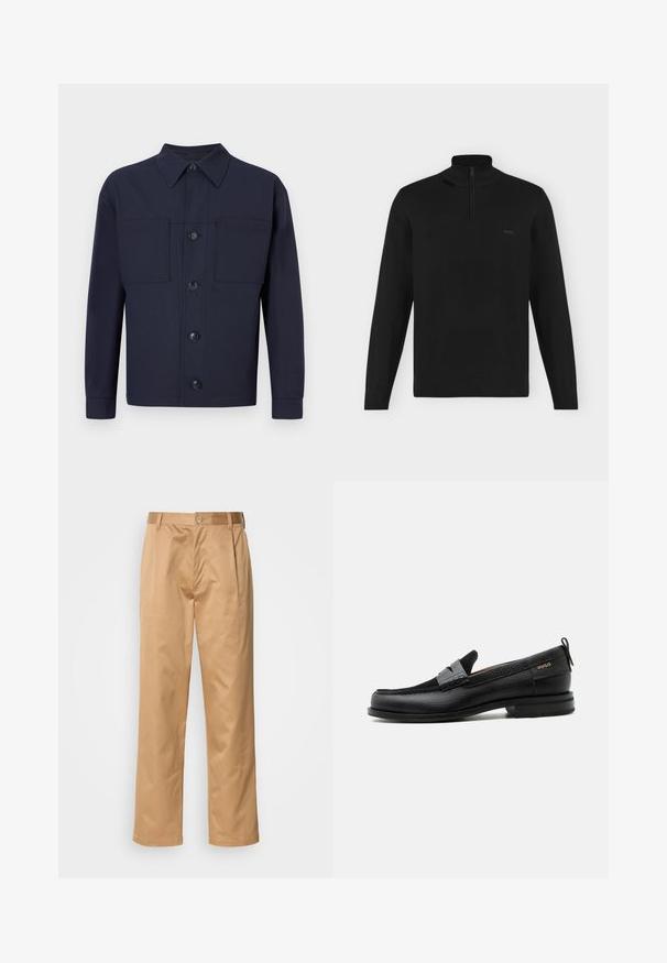 Must pikkade varrukatega pullover kõrge kaelusega ja poole lukuga, soonikkoes varruka- ja alaäär, vasakul rinnal väike "BOSS" logo.; Tumesinine nööpidega jakk, mis on valmistatud sileda tekstuuriga kangast. Sisaldab kaht rinnataskut ja teravat kraed, neli esimest nööpaukku.; Khekilõngid, puuvilla segu, sirge jala disain, ees olevad voldid, vööloopid ja nupuga sulg. Sile tekstuur ilma mustriteta.; Must nahast loafer halli rihma detailiga, madala kand ja tekstuurse tallaga, külgedel kuldse "HUGO" brändiga.