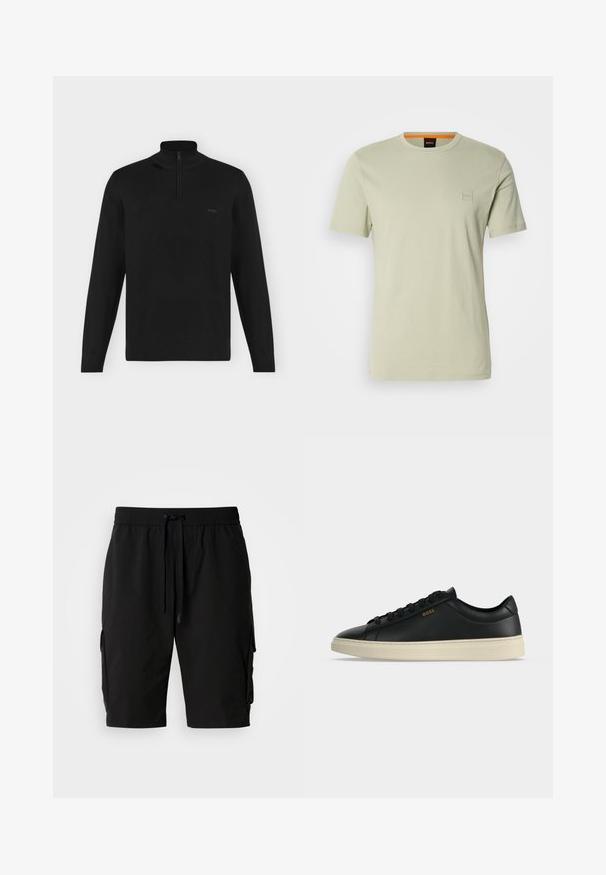 Sort langærmet pullover med høj krave og halvt lynlås, ribbet manchetter og kant, med lille "BOSS" logo på venstre bryst.; Lys grøn kortærmet t-shirt lavet af bomuld. Har et lille firkantet logo på brystet og en orange detalje ved halsudskæringen.; Sorte cargo shorts lavet af letvægtsstof, med elastisk talje, snor og sidelommer til ekstra opbevaring.; Sort lavtop lædersneaker med hvid sål, sorte snørebånd og lille gyldent BOSS-logo på siden.