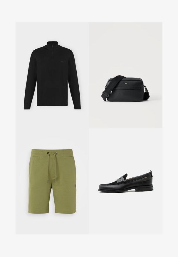 Pull noir à manches longues avec col montant et demi-zip, poignets et ourlet côtelés, avec petit logo "BOSS" sur la poitrine gauche.; Shorts vert olive en tissu doux. Dotés d'une taille élastique avec cordon de serrage, de poches latérales et d'un petit logo sur le côté.; Mocassin en cuir noir avec détail de bride grise, talon bas et semelle texturée, marqué "HUGO" en or sur le côté.; Sac bandoulière en cuir noir texturé avec poche avant zippée et bandoulière large en tissu réglable sur fond blanc.