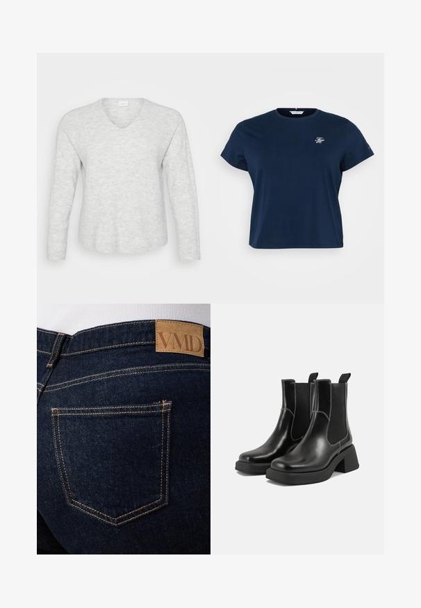 Lys grå langærmet sweater med ribbet tekstur, V-hals og en let buet kant. Blødt materiale med subtile mønstervariationer.; Marineblå bomulds T-shirt med rund halsudskæring, korte ærmer og broderet logo på brystet. Blød tekstur, afslappet pasform.; Mørkeblå denimjeans med synlige orange syninger og en brun læderlap med mærket "VMD" over den bageste højre lomme.; Sorte læder Chelsea-støvler med en kraftig hæl, elastiske sidepaneler og kontrastfarvet hvid syning. Tekstureret overflade.
